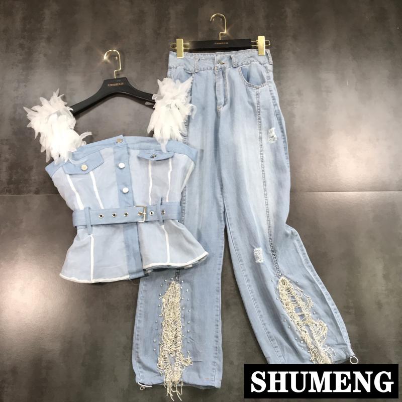 

2019 New Summer Feather Mesh Shoulder Denim Sling Tops + Drill Chain Wide Leg Jeans Trousers Two Piece Women Jeans Pants Set