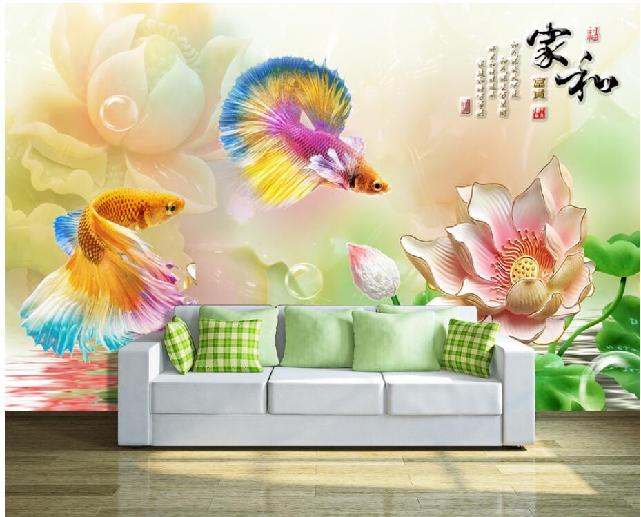 

WDBH 3d photo wallpaper custom mural Fish lotus flower relief background living room home decor 3d wall murals wallpaper for walls 3 d, Non-woven