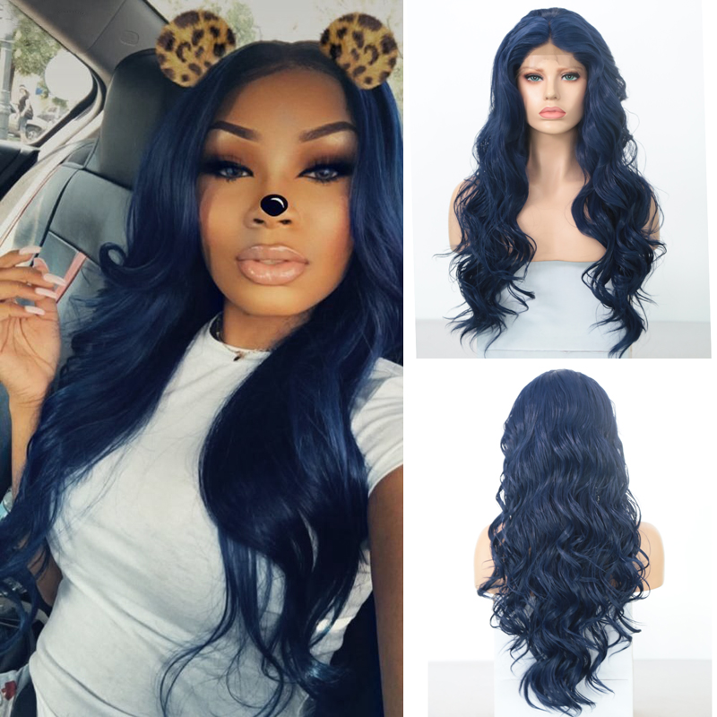 

Charisma Blue Wig 30 Inches Long Wavy Hair Heat Resistant Synthetic Lace Front Wig Middle Part Synthetic Wigs for Black Women, As pic