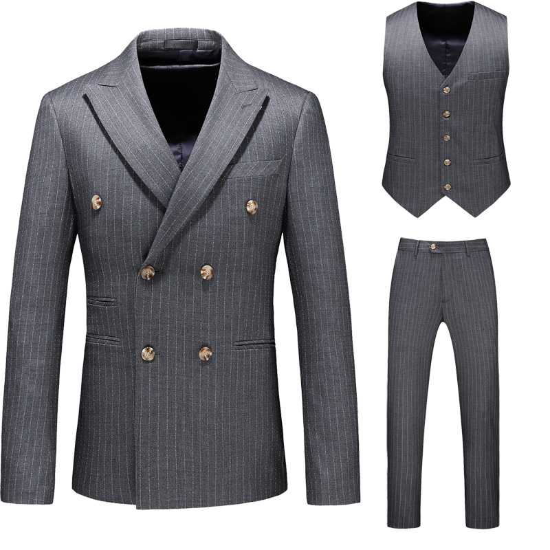

2020 Men' Suit Set Double-breasted Striped print Groom Slim Formal Tuxedo For Wedding Party Dress Male Classic Business suit, Gray