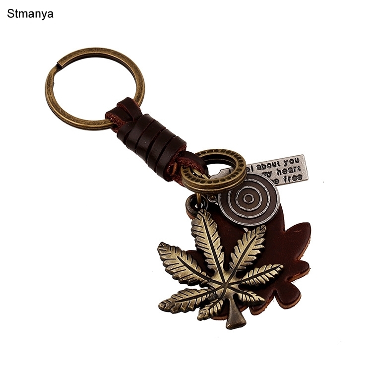 

Fashion Retro Maple Leaf Pendant Key Chain Woven Leather Keychains Alloy Punk Key Rings Jewelry For Men Women Gift
