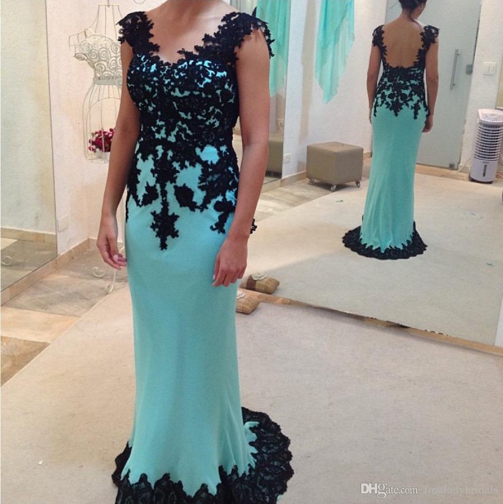 

Mint Green Chiffon Prom Dresses Black Lace Evening Gowns Cap Sleeve Mother Of The Bride Dresses Vestido De Noche B92, Ivory