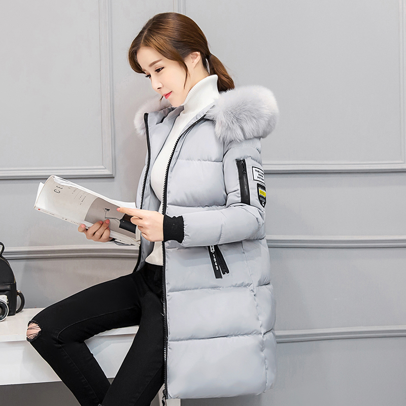 

Winter Wear New Snow Women Jacket Cotton Coat Big Fur Collar Hooded Parka Fashion Zipper Long Jackets Thicked Outerwear Femme s, Black