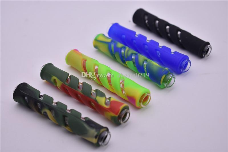 

New design travel Pipe steamroller Handmade Glass One Hitter Glass Pipe Portable Dry herb tobacco filter Silicone protective case
