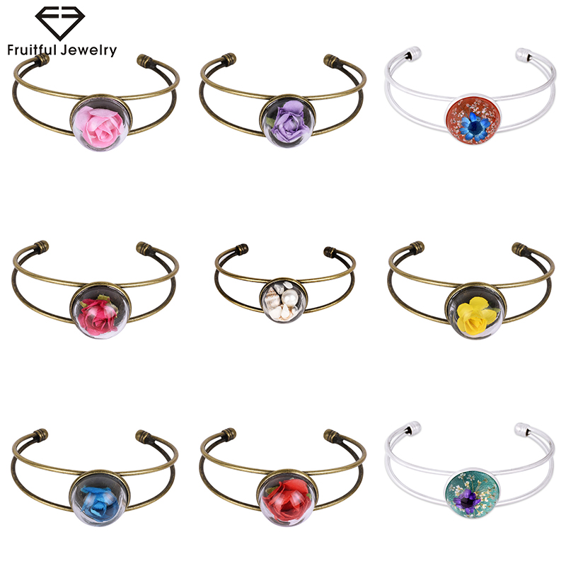 

Fruitful Women Customizable Vintage Resin Glass Open Dried Flower Bangle Bronze Color Alloy Bracelet Girl Wristband Jewelry