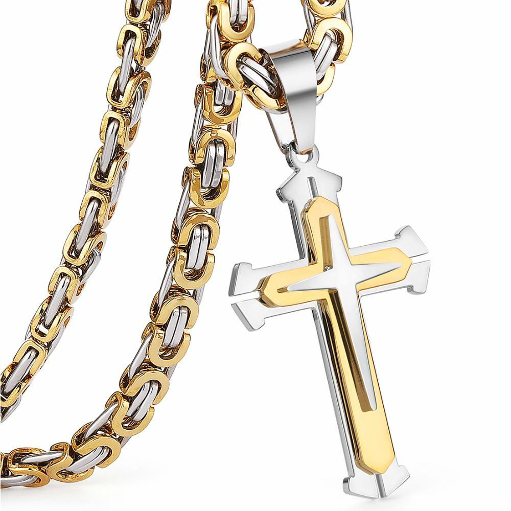 

Low Price Stainless Steel Pendant Necklace 3 Layers Knight Cross Gold Silver Tone Strong Chain Mens Fashion Jewelry Fathers Gift