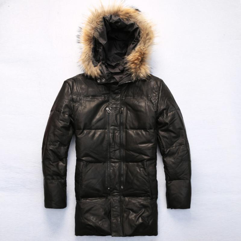 

fur real reccoon hooded white duck leather jacket slim fit down for male sheepskin winter coat men, Black