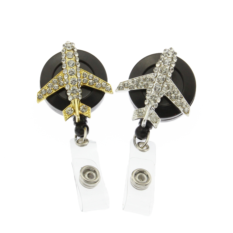 

100pcs/lot Key Rings 40mm/1.57inch Airplane Hostess Rhinestone Badge Reels Retractable ID Badge Holders For Nurse Student Staff