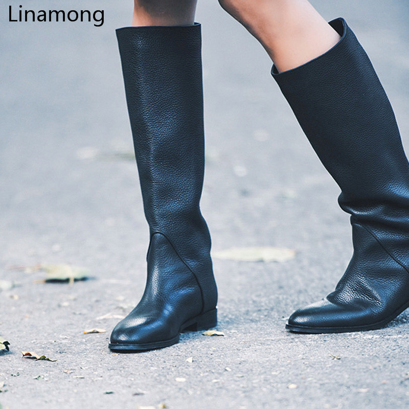 

Women Black Knee High Round Toe Boots Ladies Winter Flat Heel Design Vintage Shoes Female Long Boots Street Style, As pic