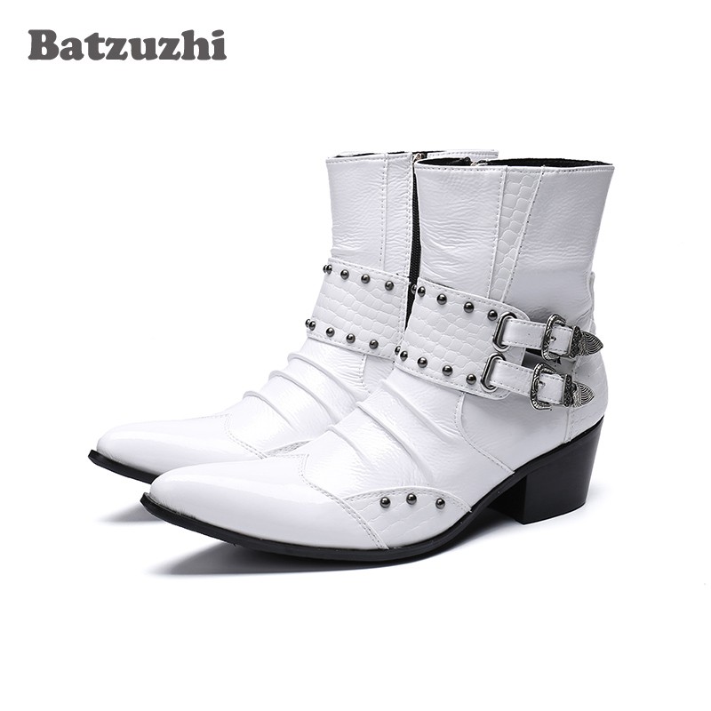 

Western Zapatos Hombre Cowboy Men Boots 6.5cm Heels White Leather Punk Style Pointed Toe Military Motorcycle High Top Hombre, Multi