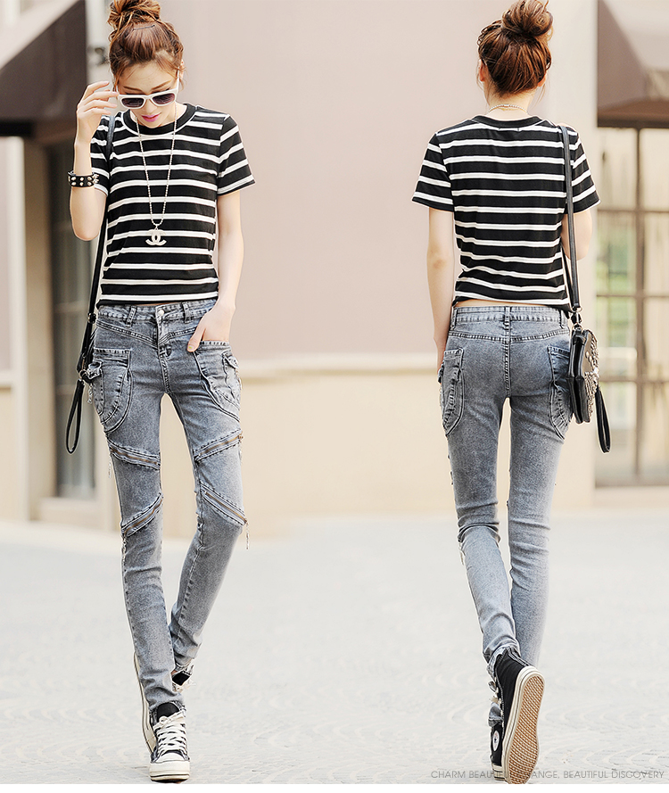 

Gray Spring Haroun Pants Zipper Large Pockets Female Trousers Character Leisure Jeans Cultivate One'S Morality Show Thin Foot Pencil Pants I, Grey