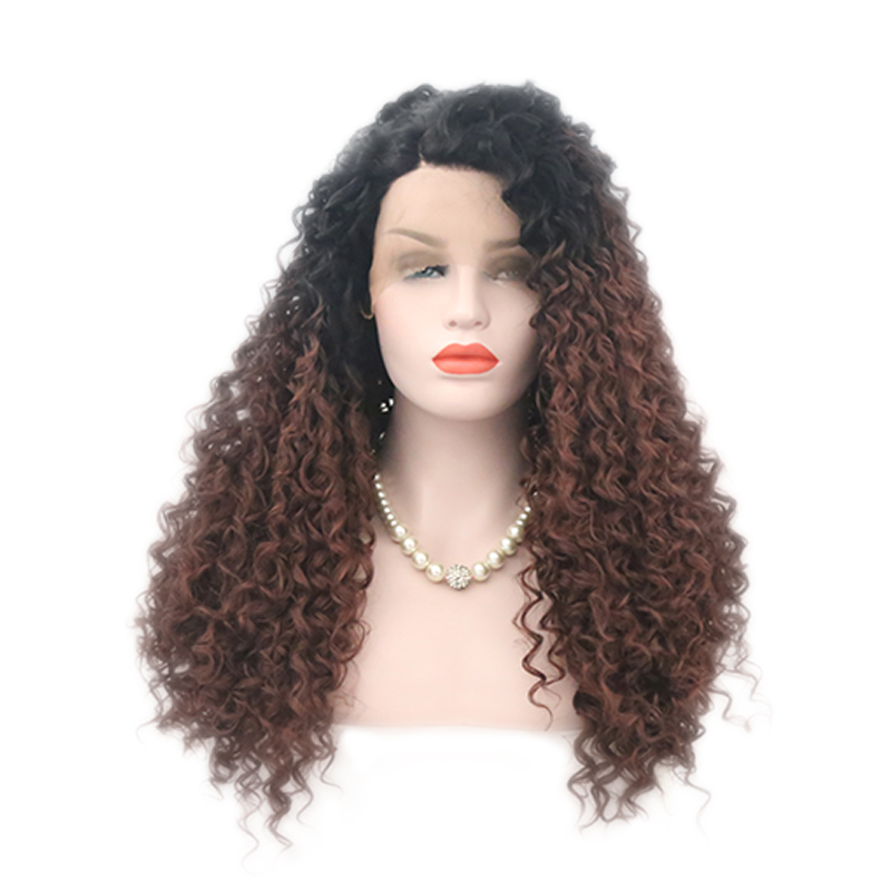 

RONGDUOYI Long Ombre Synthetic Lace Front Wig for Women Brown Curly Wigs with Side Part Heat Natural Hairline Human Hair, As pic