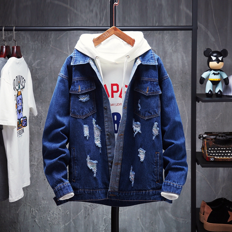 

holes spring & with autumn mens Denim jacket ripped coat men Slim Fit solid Casual embroidery coats for cot, Blue