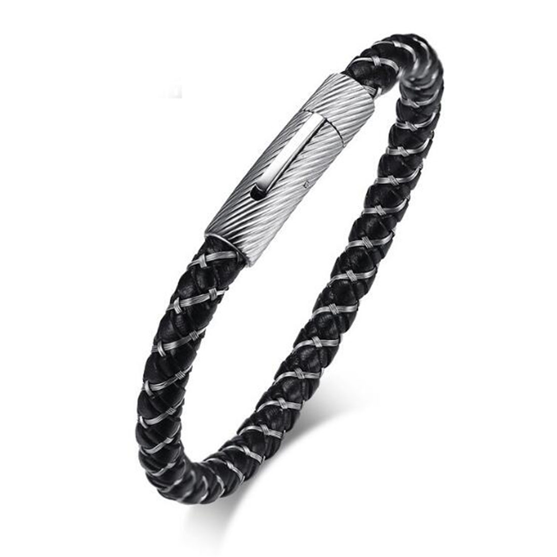 Bracelet en fil d'acier inoxydable tressé en cuir PU noir de haute qualité pour hommes