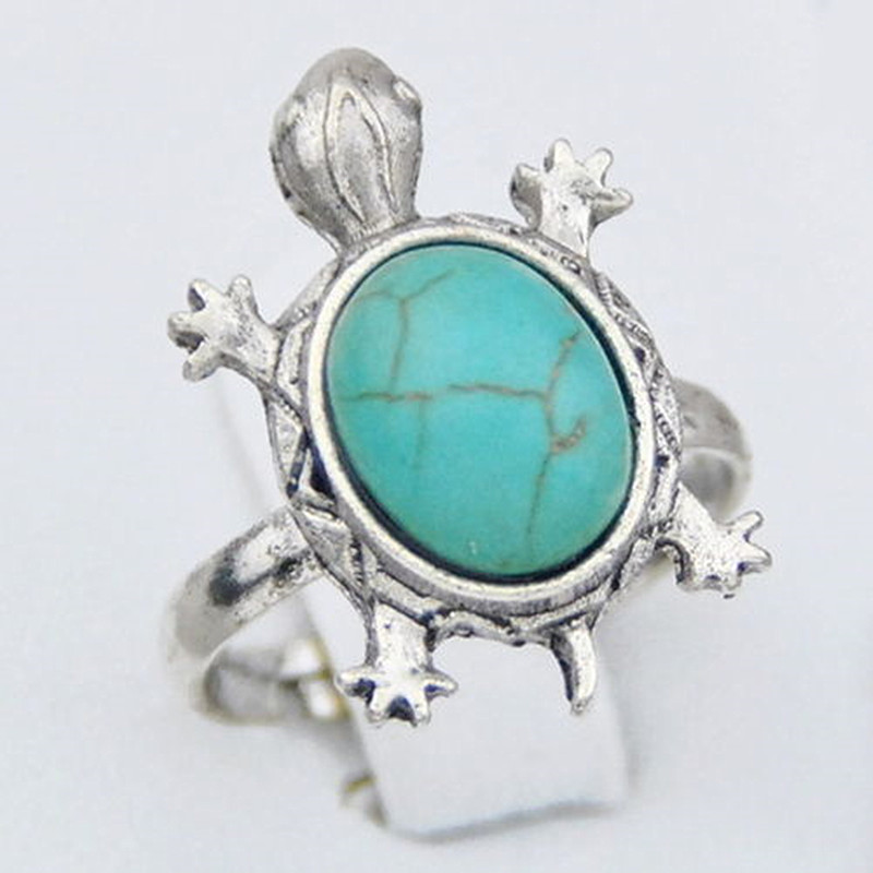 

Wholesale lots 50pcs Girl Women's Retro Antique Silver Plated Cute Alloy Turquoise Turtles Opening Rings Tribal Design Adjustable rings MR83