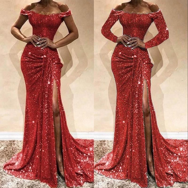 

Red Sequined Mermaid Prom Dress Lace Appliques Sexy Slit Off Shoulder Evening Gowns Long Sleeve Formal Dresses, Silver