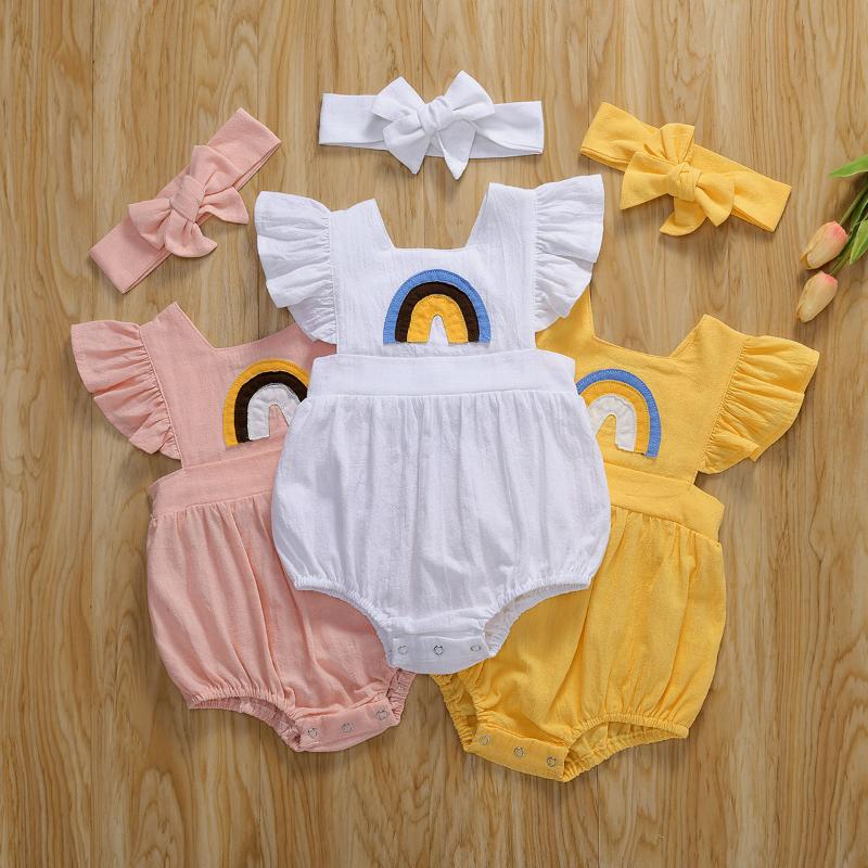 

2020 Summer Baby Clothing Cute Newborn Rainbow Patch Bodysuits Baby Girls Cotton Ruffled Jumpsuit Sunsuit+Headband 2Pcs Set, Pink