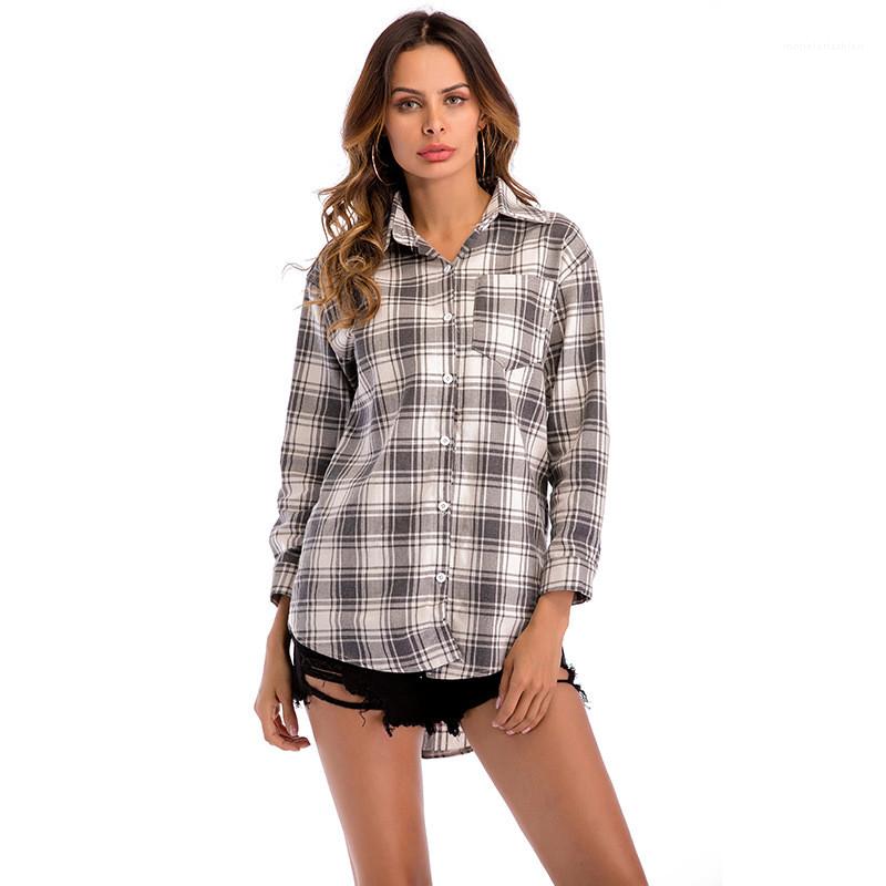 

Designer Shirts Fashion Panelled Single Breasted Womens Blouses Casual Loose Cardigan Females Clothing Plaid Print Womens, Gray