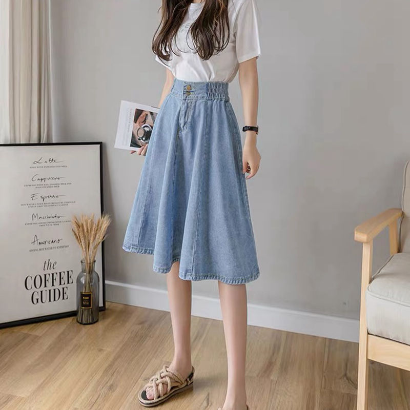 

Denim Skirt Women Plus Size Korean Fashion Midi Jeans Skirt Button Big Hem Casual High Waist Skirts For Women L04, Dark blue