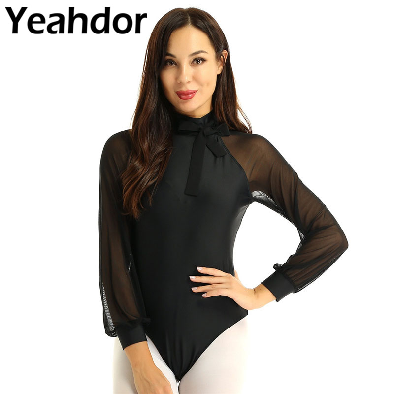 Damen Mesh Body Bodysuit Lang Ärmel Ballett Trikot Gymnastikanzug Trikotanzug