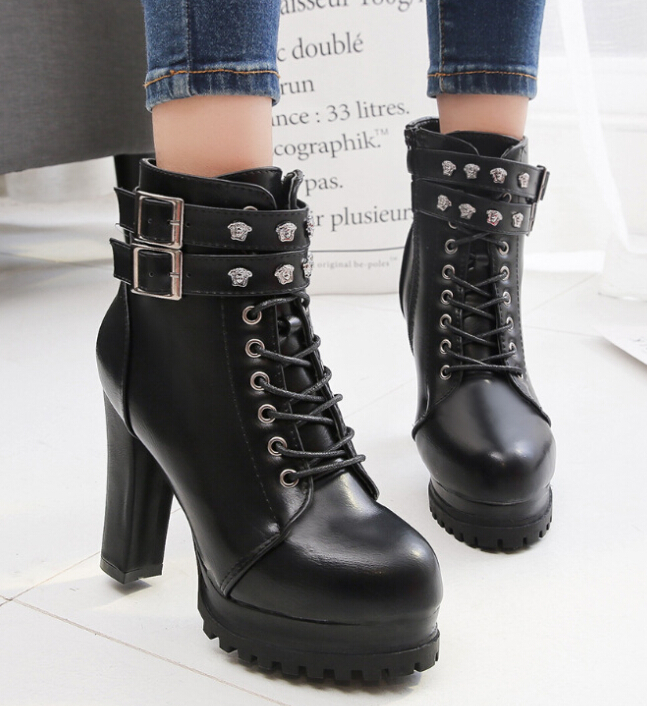 

European beauty boots autumn high heels thick with lace round head double row belt buckle Martin boots female, Black
