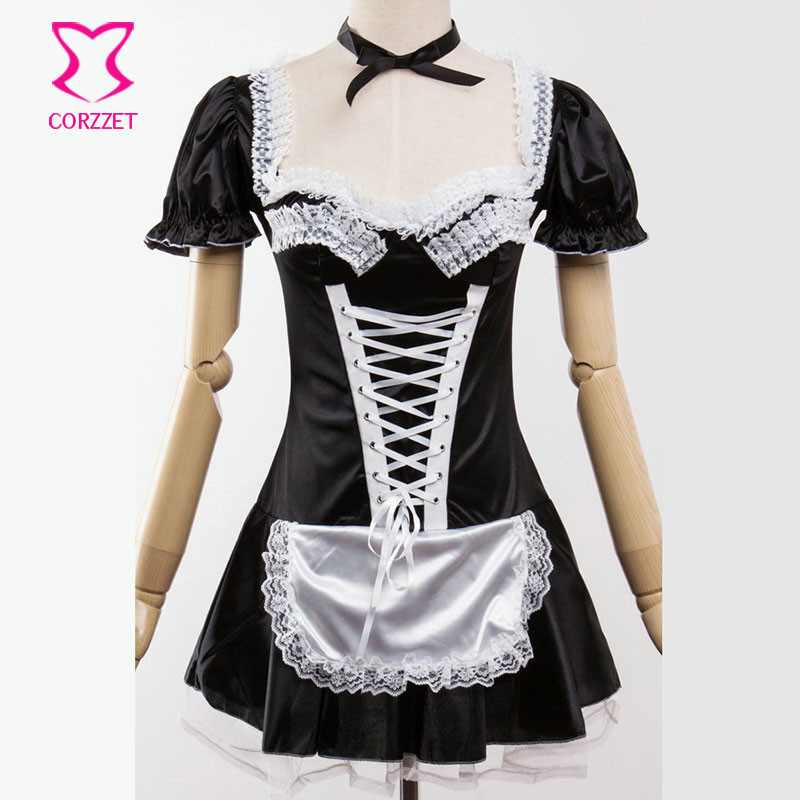 6XL Black Satin And White Lace French Maid Costume Sexy Adult Women