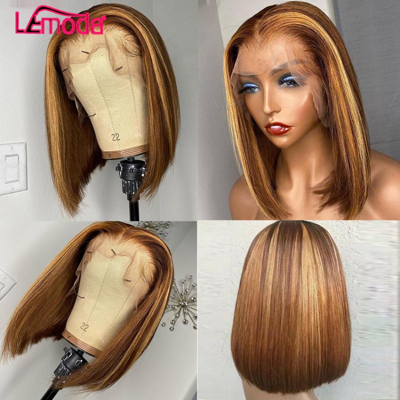 

Highlight Bob Wig Short Ombre Colored Human Hair Wigs Brown Hair Brazilian 150% Remy Lemoda 13x4 HD Tranaparent Lace Front Wig