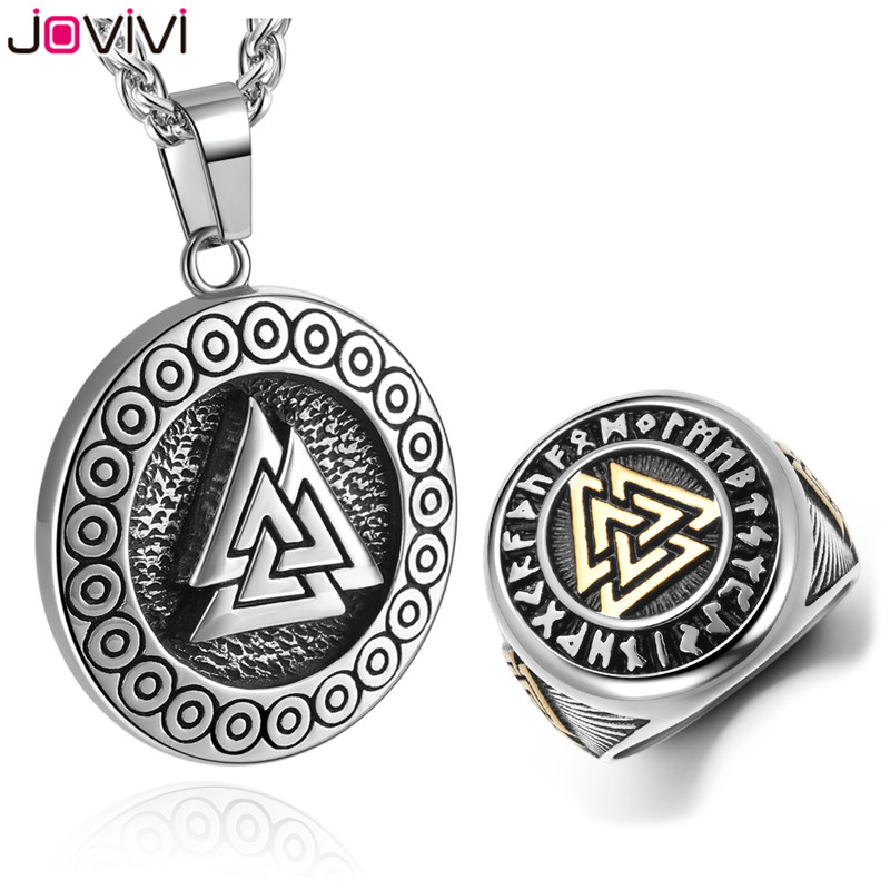 

Jovivi Mens Stainless Steel Valknut Warrior's Knot Pendant Necklace+Signet Finger Ring Norse Viking Necklace Ring Jewelry Set, As pic