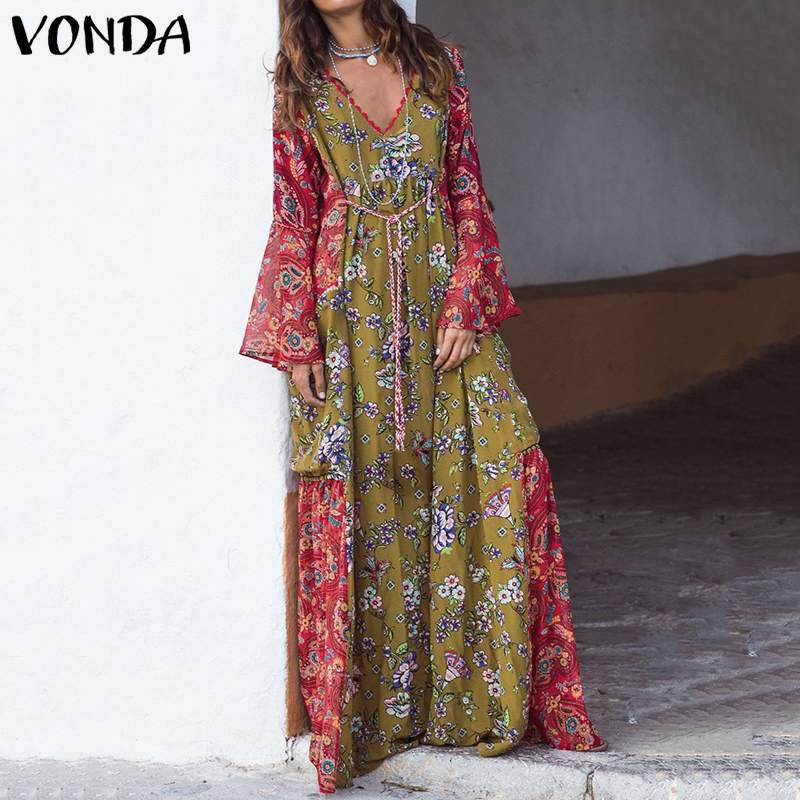 

Maxi Dress Long Sleeve Woman Dress 2019 VONDA Summer Sexy V Neck Casual Loose Bohemian Sundress Plus Size Vestidos Robe Femme, As picture