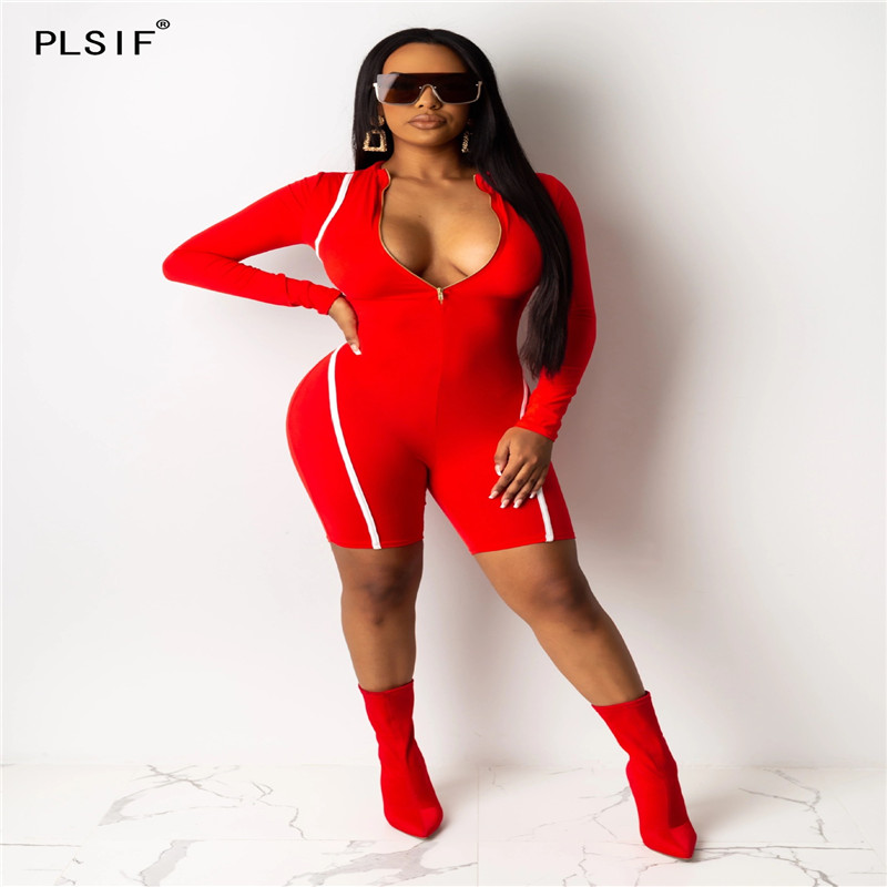 

Club sexy shorts long sleeve playsuits lady fashion striped sexy skinny catsuits shorts sports playsuits, Black