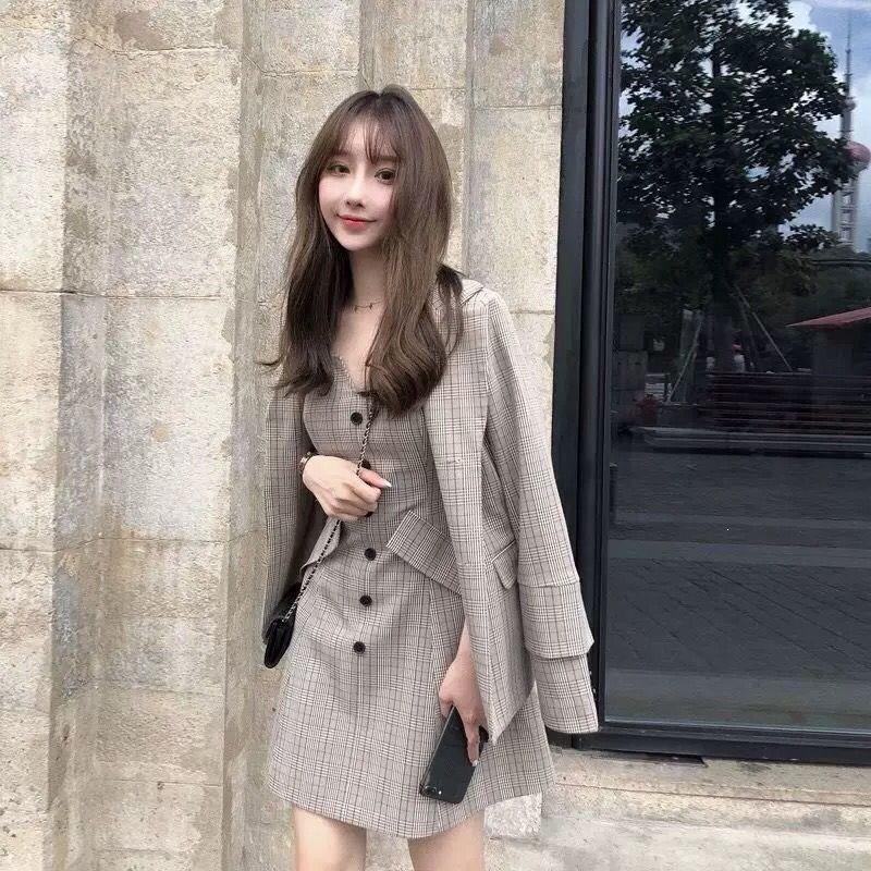 

Women Vintage Plaid Blazer Coat Two Piece Blazer Suits Pockets Retro High Waist Mini Dress Outfits Office Work Set