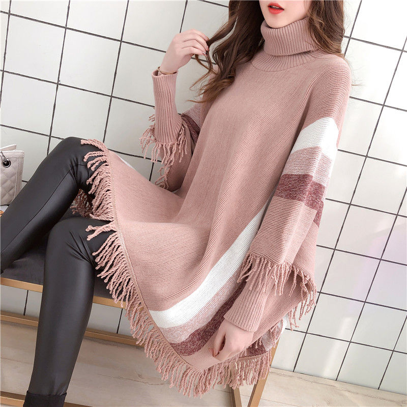 

Loose cape shawl coat women 2019 autumn and winter new large size fringed cape bat shirt sweater sweater tide, Black