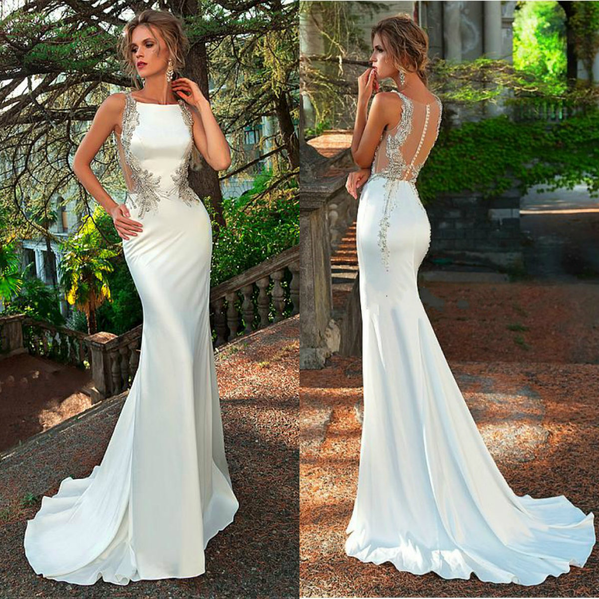 

2019 White Mermaid Wedding Dresses Satin Backless Sleeveless Crystals Beaded Bridal Party Gowns Custom Made Vestido De Novia, Sage