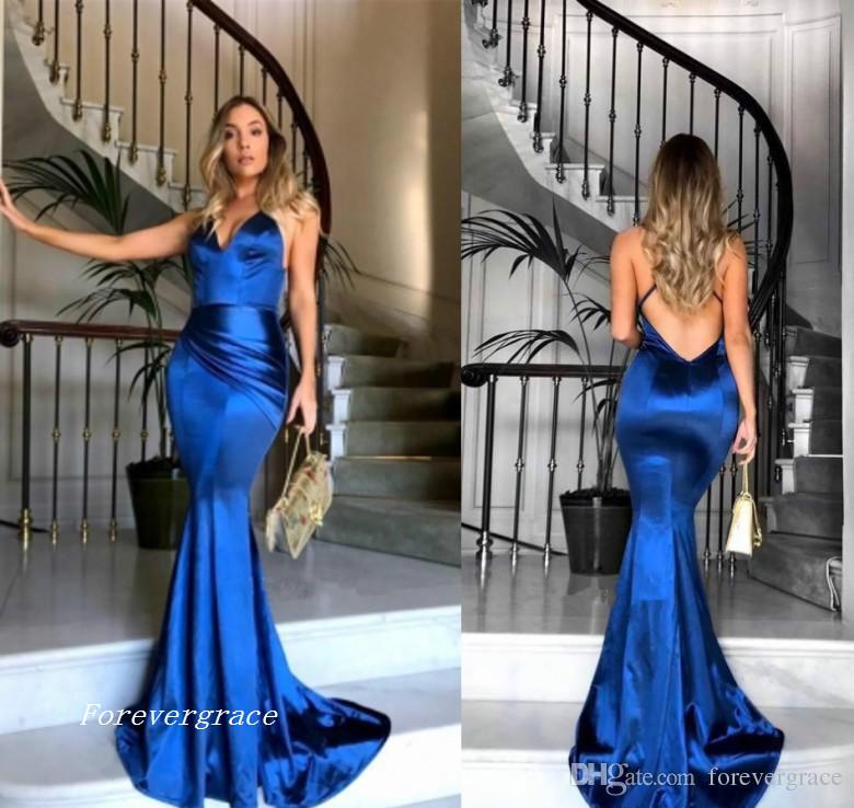 

2019 Hot Sale Royal Blue Satin Mermaid Prom Dress Cheap Backless Formal Holidays Wear Graduation Evening Party Gown Custom Made Plus Size, Champagne