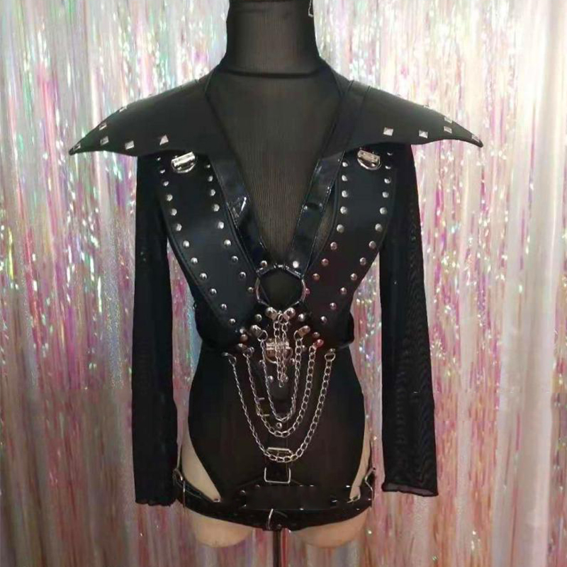 

Punk Metal Chain Armor Jumpsuit Costume Suit Nightclub Bar Female Singer DJ Lead Dance GoGo Stage Performance Costumes DWY3623, Black