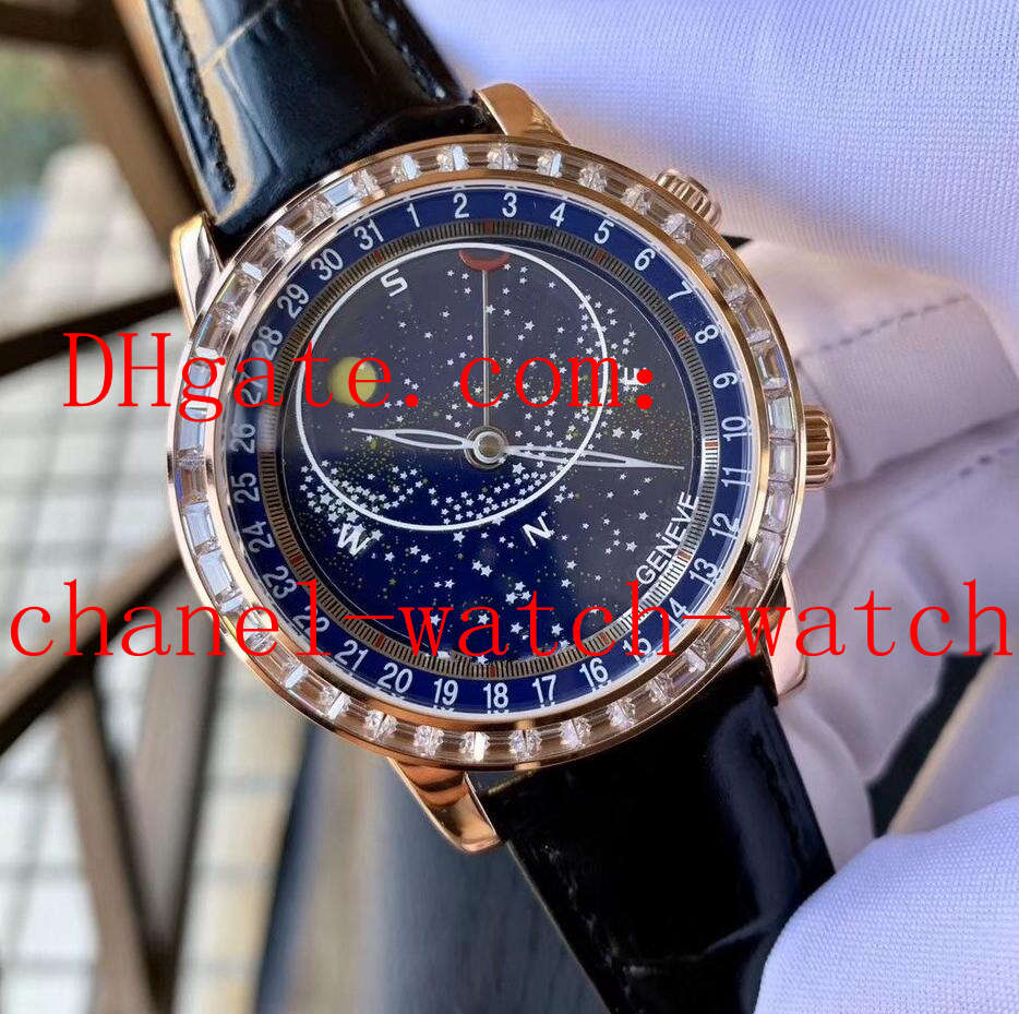 

Luxury Yellow Gold Diamond 5102J 5102 Sky Moon Movement Mechanical Automatic Mens Watch Leather Bands Mens Date Watches Transparent Back, Customize
