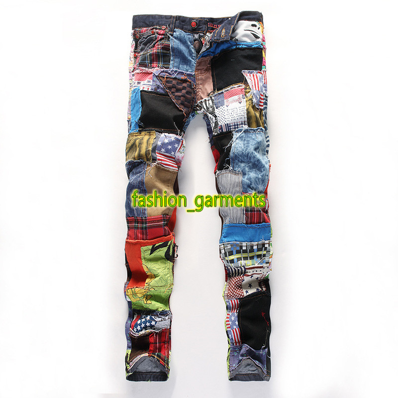 

Fashion New Tide Mens Straight Slim Jeans Holes Colorful Cloth Stitching Washed Denim Trousers Mens stylist Fashion Jeans, Multicolor #247