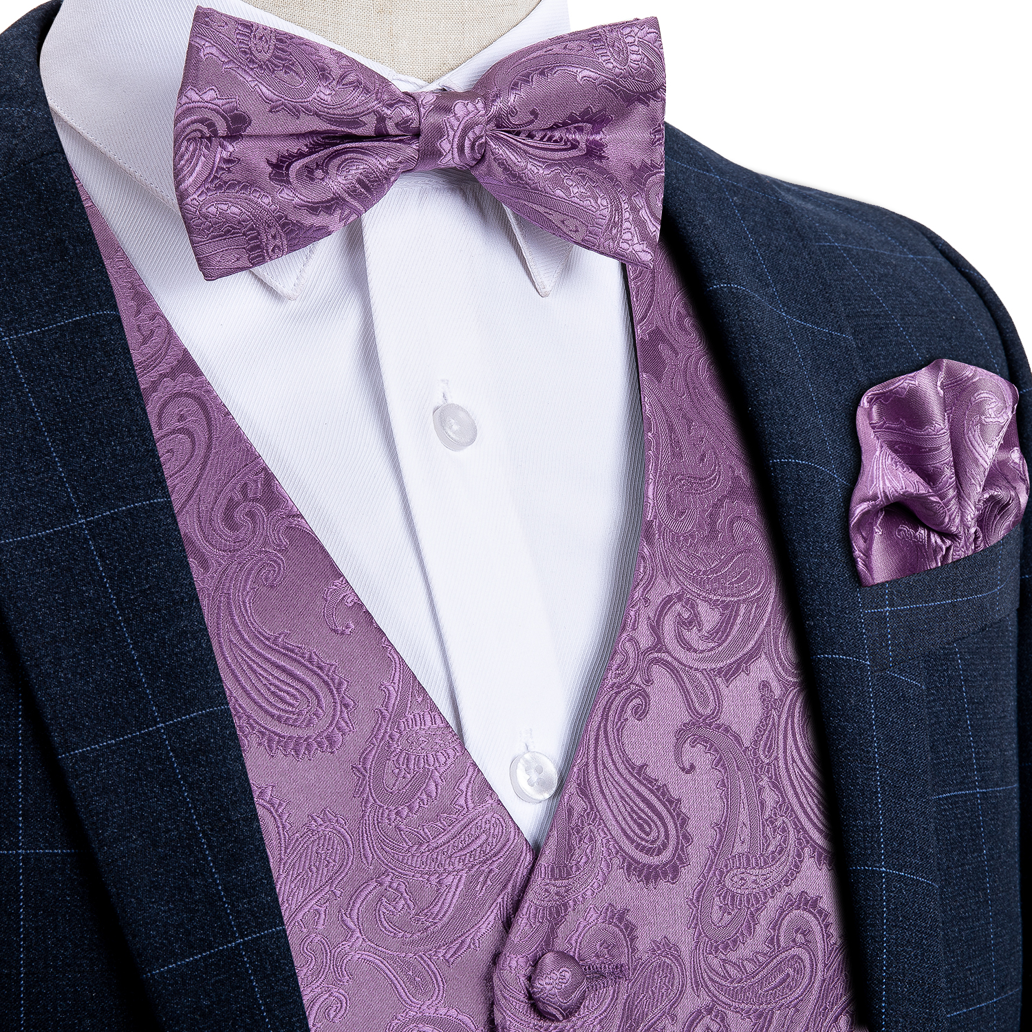 

Fast Shipping Men's Purple Pink Paisley Silk Jacquard Waistcoat Vest Bow Tie Pocket Square Cufflinks Set Fashion Party Wedding MJ-0111, Pink purple