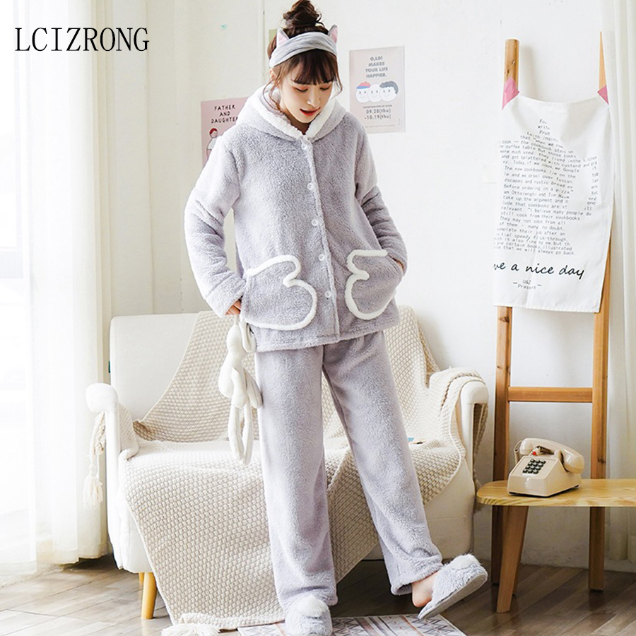 

Winter Flannel Women Long Two Piece Pajama Sets Hooded Warm Sleepwear Nightgown Cute Cartoon Home Clothes Plus Size Female, Gray