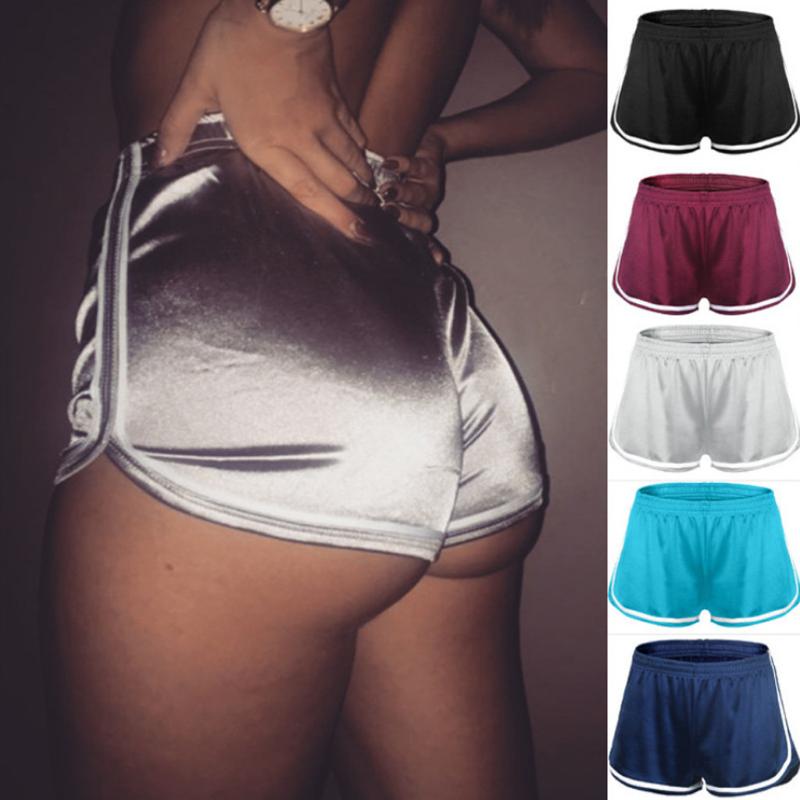 

Summer Women' Solid Colors Satin Smooth Sports Shorts Casual Female High Waist Slim Running Workout Yoga Shorts Leggings#p4, Black