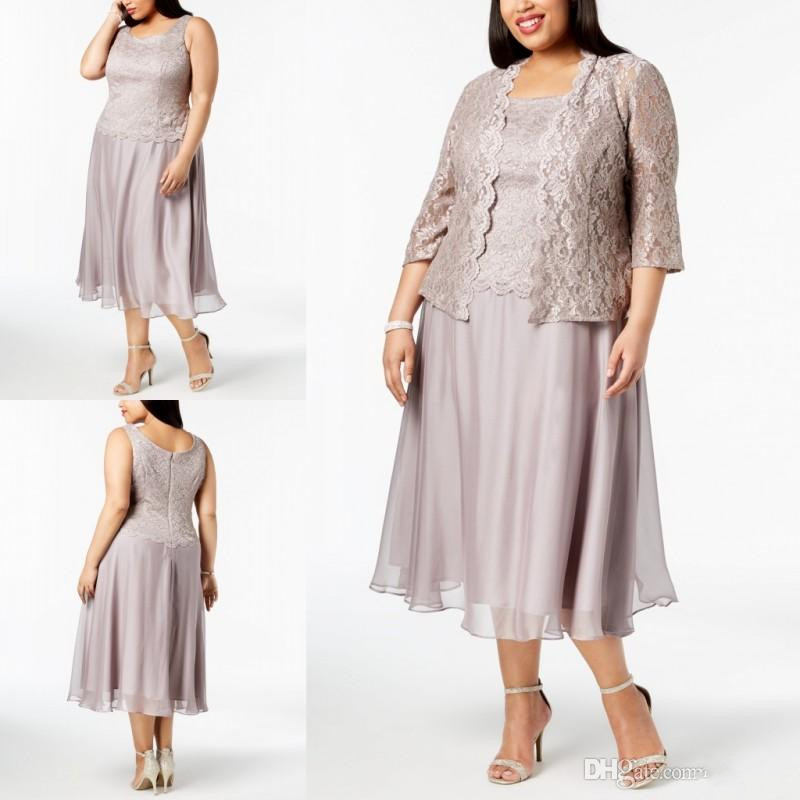 

Plus Size Lace Mother of Bride Dresses With Jacket 2019 Cheap Wedding Guest Gowns Tea Length Mother Dress Custom
