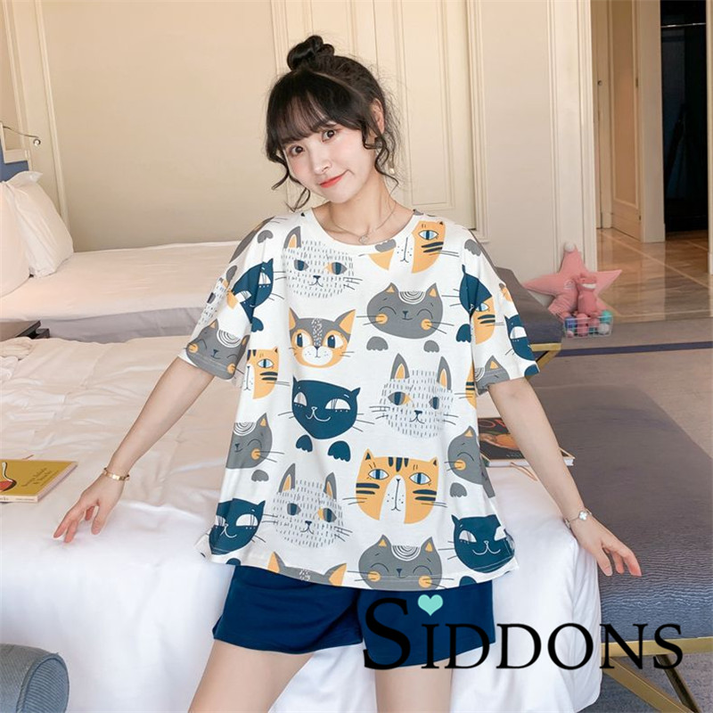 

Siddons 2PCS Korean student spring and autumn day home clothes Pajama lady summer cute kitten cotton short sleeve thin set, As pic