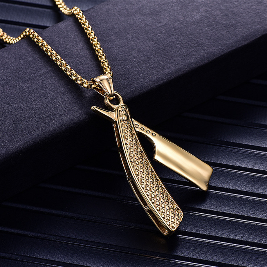 Valily Golden Barber Pendant/&Necklace Stainless Steel Shiny Shaver Haircut Necklaces Jewelry for Man Women 24 Box Chain
