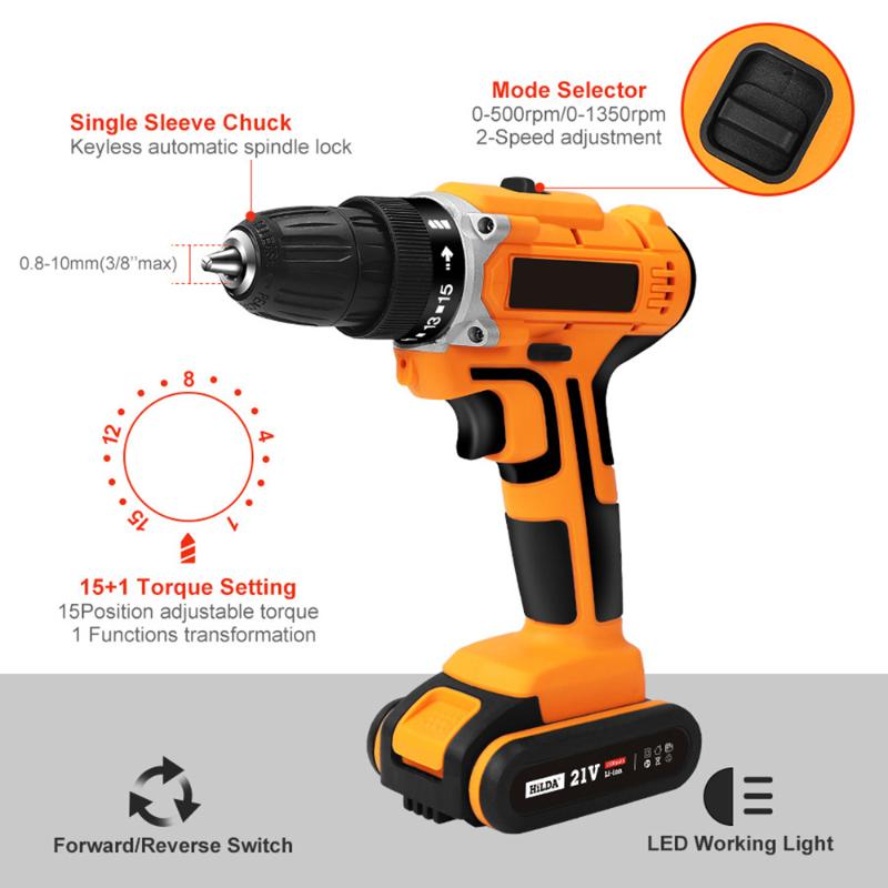 

Battery Electric Drill 21V 340W Cordless Rechargeable Electrician Carpenter