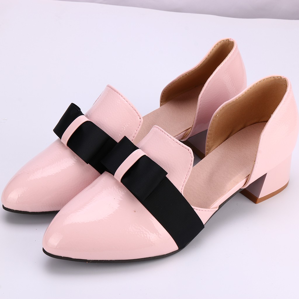 

Bow Contrast color Sandals Women Shoes Spring summer Pointed Toe Hoof Heels Knot Classic Retro Pointed Toe Shallow Shoes, Pink