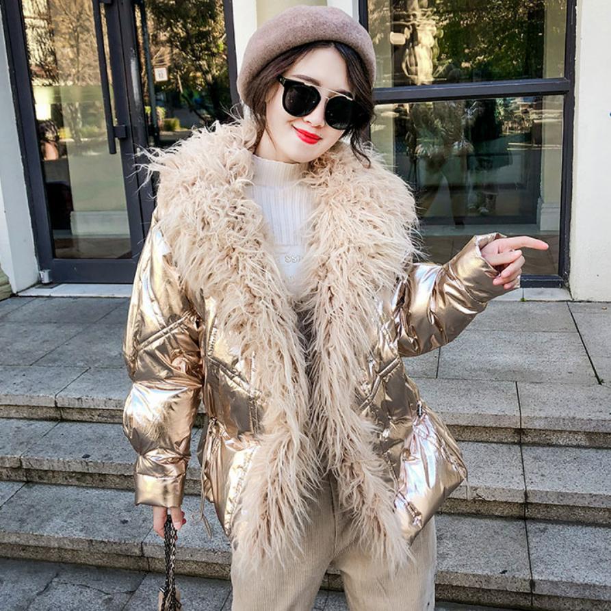 

Winter Women Down Cotton Jacket Silver Glossy Faux Sheep Fur Cotton Coat Solid Loose Warm Parka Female Patchwork Outerwear L1750, Blue