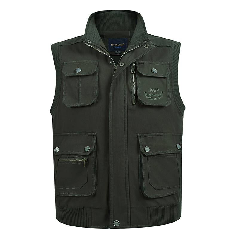 

Spring Autumn Men Vest With Many Pocket Photographer Tool Green Khaki Zipper Big Multi Pocket Waistcoat Male Sleeveless Jacket, Army green