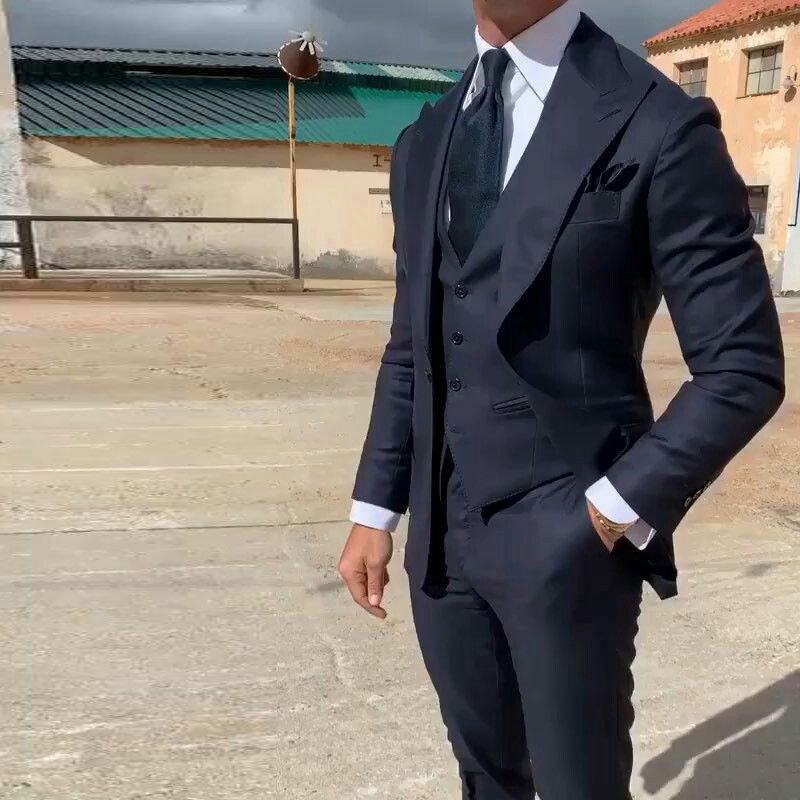 

Navy Blue Men Suits for Wedding Groom Tuxedo Wide Peak Lapel Design Business Man Blazer 3Piece(Coat Pants Vest)Costume Homme Terno Masculino, Same as image