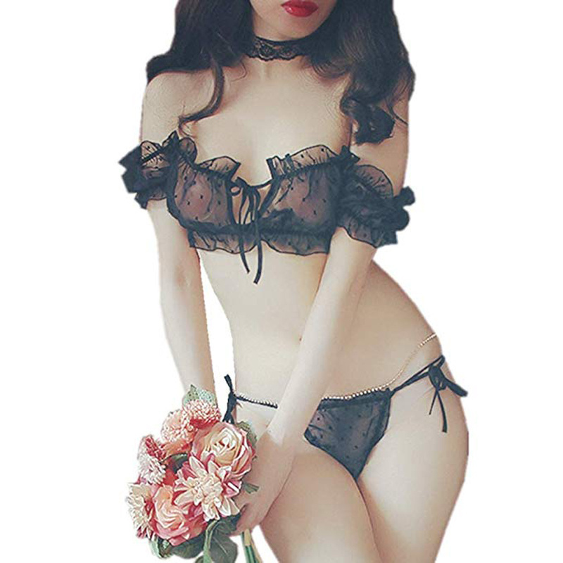 

Women 2Pcs Seducive Lingerie Cute & Sexy Chiffon Strip Lingerie Set Polka Dot Transparent Bra and Thongs Set Bodydoll Sexy LY191222, Sky blue