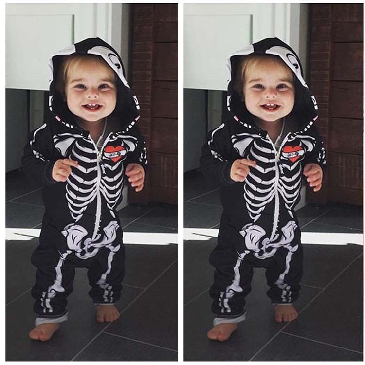 

Retail baby boys romper girls skull printed hooded long sleeve infant cotton black one-piece onesies newborn boutique fashion jumpsuit, See the picture